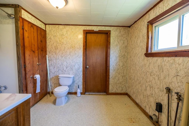 225 Todds Corner Rd, Saint Albans, ME 04971 - bathroom with toilet, baseboards, ornamental molding, a shower, and vanity
