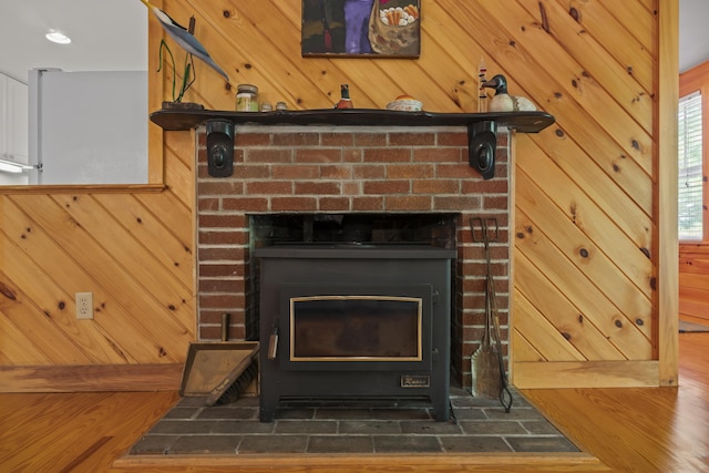 detailed view of a fireplace and wooden walls
