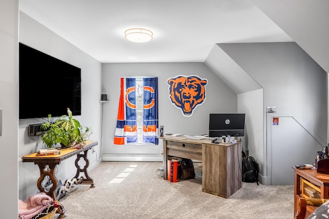 carpeted office space featuring a baseboard radiator and vaulted ceiling