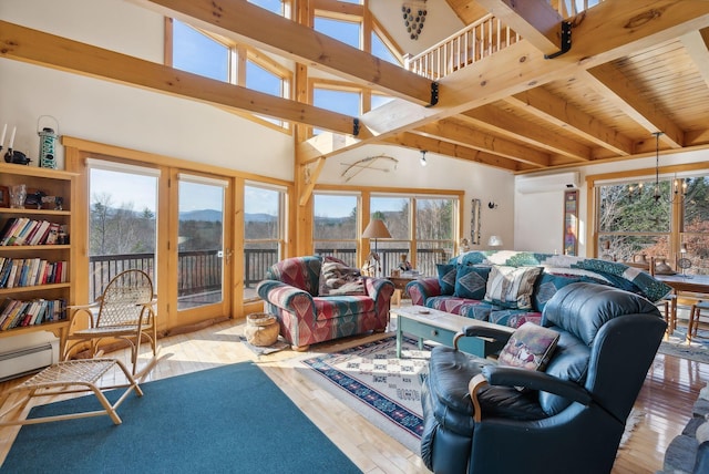 237 River Rd, Avon, ME 04966 - living area featuring an AC wall unit, a mountain view, hardwood / wood-style floors, and wooden ceiling