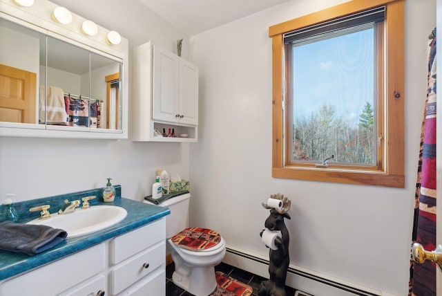 237 River Rd, Avon, ME 04966 - bathroom featuring vanity, toilet, and curtained shower