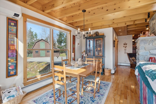 237 River Rd, Avon, ME 04966 - dining room featuring beam ceiling, light wood finished floors, baseboard heating, a chandelier, and wood ceiling