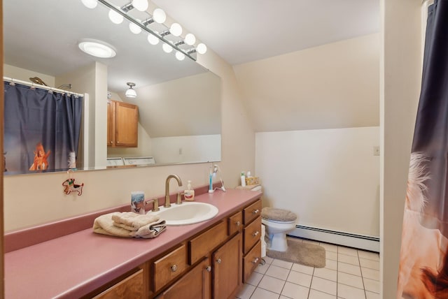 237 River Rd, Avon, ME 04966 - bathroom featuring baseboard heating, tile patterned floors, toilet, vanity, and lofted ceiling