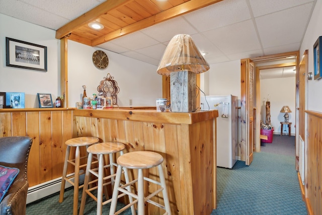 237 River Rd, Avon, ME 04966 - indoor dry bar featuring carpet flooring, a baseboard heating unit, a paneled ceiling, and recessed lighting