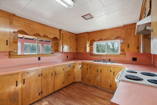 237 River Rd, Avon, ME 04966 - kitchen featuring under cabinet range hood, open shelves, light countertops, light wood-style flooring, and white range with electric cooktop