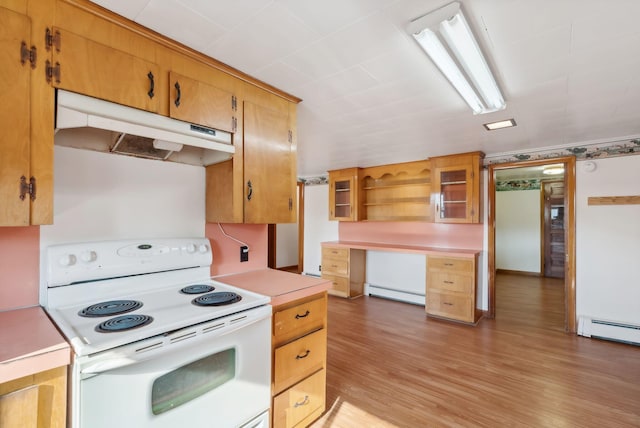 237 River Rd, Avon, ME 04966 - kitchen featuring white range with electric cooktop, under cabinet range hood, a baseboard heating unit, light countertops, and light wood-style floors
