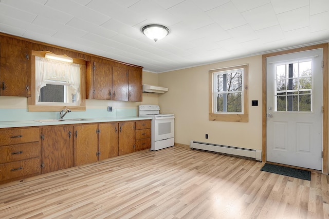 237 River Rd, Avon, ME 04966 - kitchen featuring electric stove, a baseboard radiator, a sink, brown cabinets, and ornamental molding