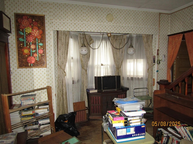 8 Water St, Milo, ME 04463 - office area with crown molding, wallpapered walls, and wood finished floors