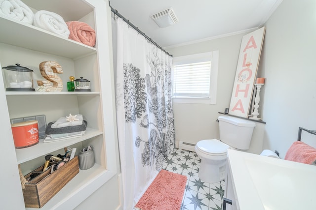 bathroom with a baseboard radiator, toilet, tile patterned floors, ornamental molding, and curtained shower