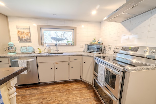 kitchen with stainless steel appliances, extractor fan, a sink, decorative backsplash, and wood finished floors