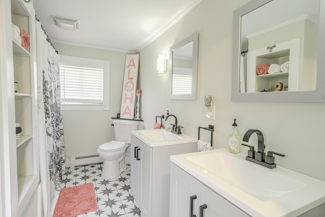 full bathroom with plenty of natural light, tile patterned floors, toilet, two vanities, and crown molding