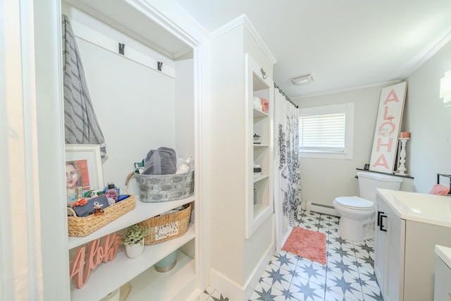 full bathroom featuring tile patterned floors, baseboard heating, toilet, curtained shower, and ornamental molding