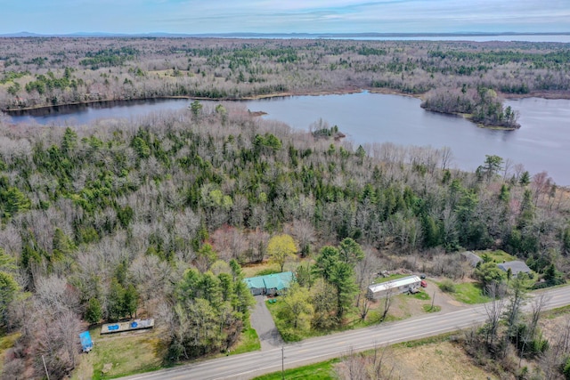 aerial view of property's location with a heavily wooded area and a nearby body of water