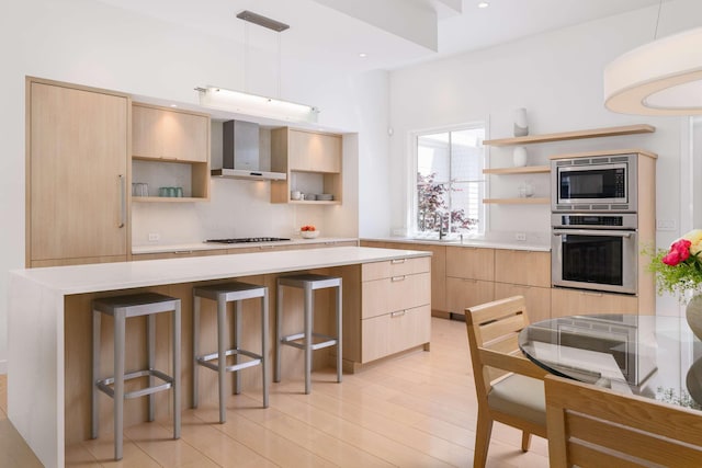 3 Bristol Ln, York, ME 03909 - kitchen with open shelves, stainless steel appliances, wall chimney range hood, modern cabinets, and recessed lighting