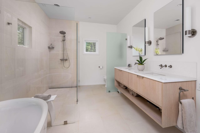 3 Bristol Ln, York, ME 03909 - full bathroom with toilet, a walk in shower, double vanity, and a tub to relax in