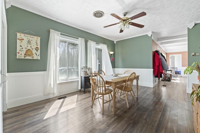 1568 Hill Rd, Canaan, ME 04924 - dining room with a wainscoted wall, ceiling fan, wood finished floors, and ornamental molding