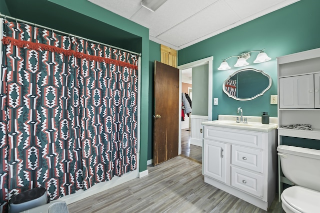 1568 Hill Rd, Canaan, ME 04924 - full bathroom with toilet, wood finished floors, vanity, and curtained shower