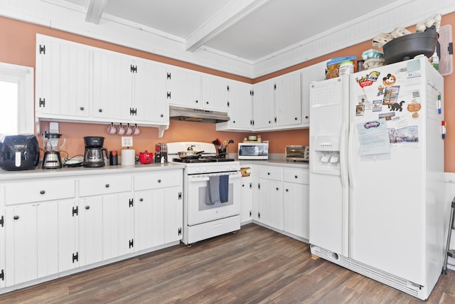 1568 Hill Rd, Canaan, ME 04924 - kitchen featuring white appliances, under cabinet range hood, dark wood finished floors, light countertops, and white cabinets