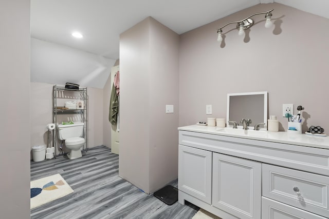 1568 Hill Rd, Canaan, ME 04924 - bathroom featuring wood finished floors, lofted ceiling, toilet, and vanity