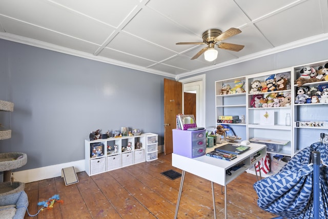 1568 Hill Rd, Canaan, ME 04924 - playroom featuring ceiling fan, hardwood / wood-style floors, and crown molding