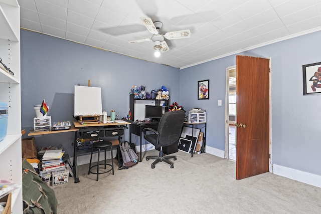 1568 Hill Rd, Canaan, ME 04924 - carpeted office space with ceiling fan, baseboards, and ornamental molding