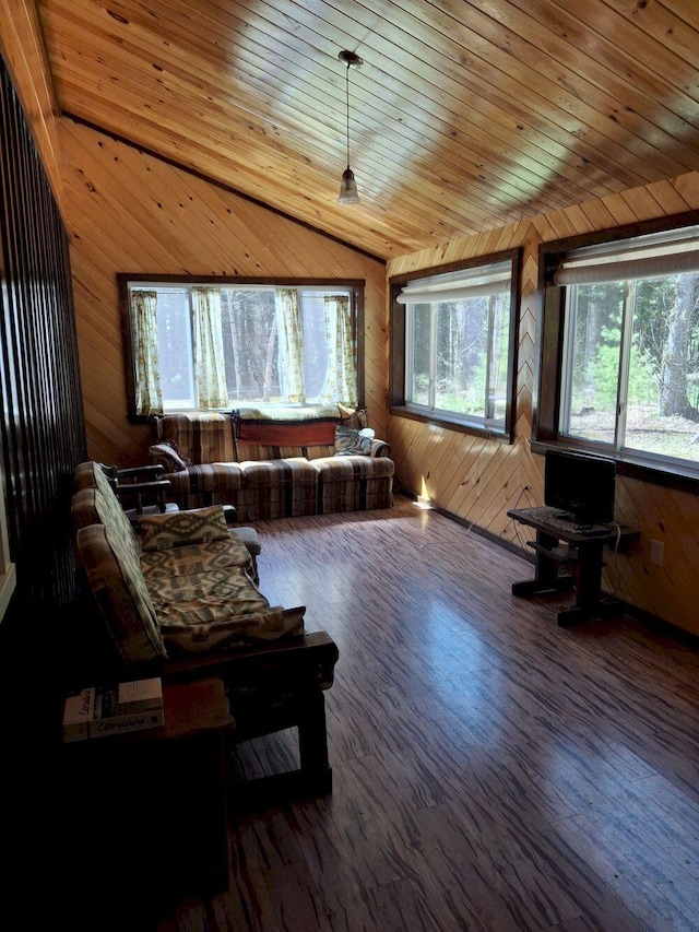 27 Kingman Beach Rd, Osborn, ME 04605 - living area with healthy amount of natural light, wooden walls, wood ceiling, wood finished floors, and vaulted ceiling