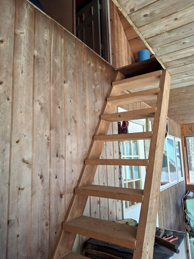 27 Kingman Beach Rd, Osborn, ME 04605 - stairs featuring wooden ceiling and wooden walls