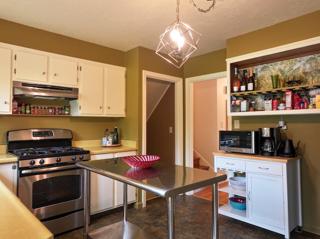 11 Moreau Ave, Lewiston, ME 04240 - kitchen featuring stainless steel appliances, under cabinet range hood, open shelves, white cabinetry, and light countertops