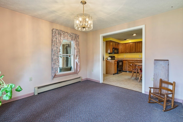 unfurnished dining area featuring a baseboard heating unit, light colored carpet, a chandelier, and baseboards