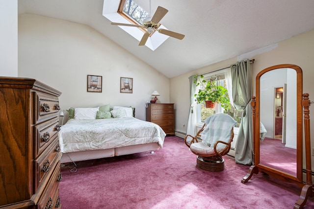 bedroom featuring vaulted ceiling, access to exterior, a skylight, arched walkways, and carpet floors