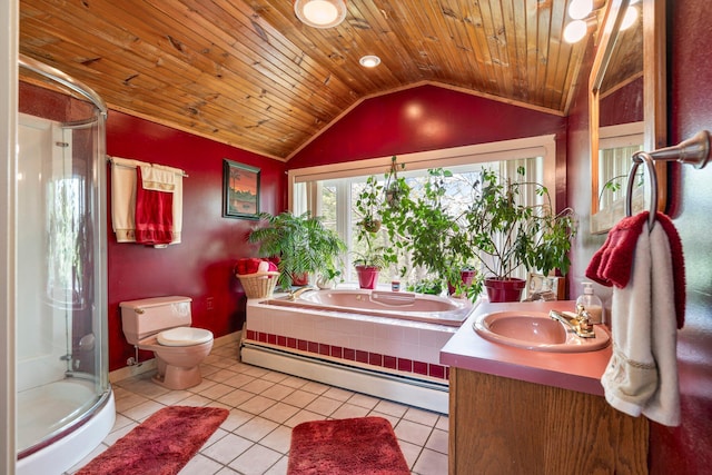 full bath with baseboard heating, vaulted ceiling, wooden ceiling, a shower stall, and vanity