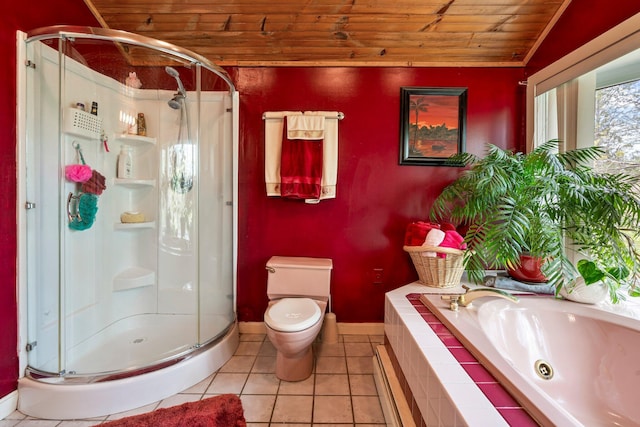 bathroom featuring wooden ceiling, a shower stall, toilet, a tub with jets, and tile patterned floors