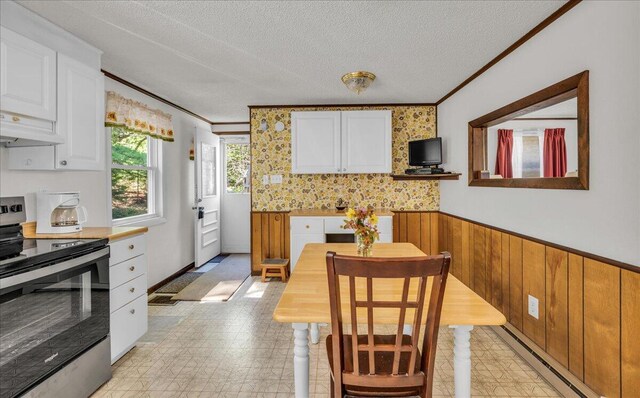 1270 Main St, Mount Desert, ME 04660 - kitchen with stainless steel electric range oven, a baseboard heating unit, crown molding, a textured ceiling, and white cabinets