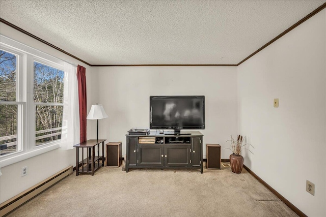 1270 Main St, Mount Desert, ME 04660 - living area with baseboard heating, light carpet, a textured ceiling, crown molding, and baseboards