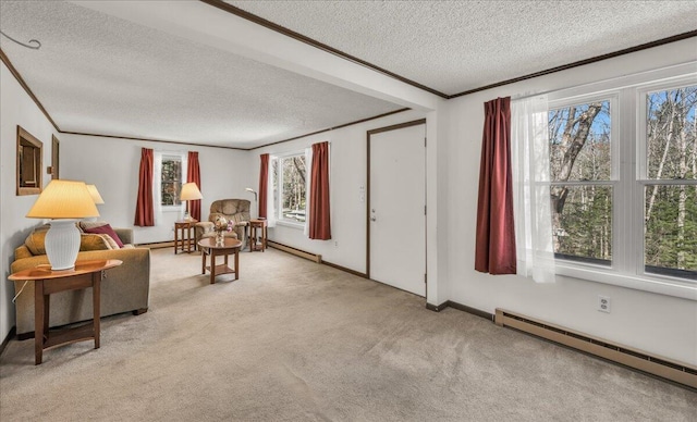 1270 Main St, Mount Desert, ME 04660 - sitting room with a textured ceiling, a baseboard radiator, light carpet, healthy amount of natural light, and crown molding