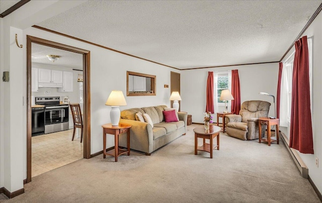 1270 Main St, Mount Desert, ME 04660 - living room with light carpet, a baseboard heating unit, crown molding, a textured ceiling, and baseboards