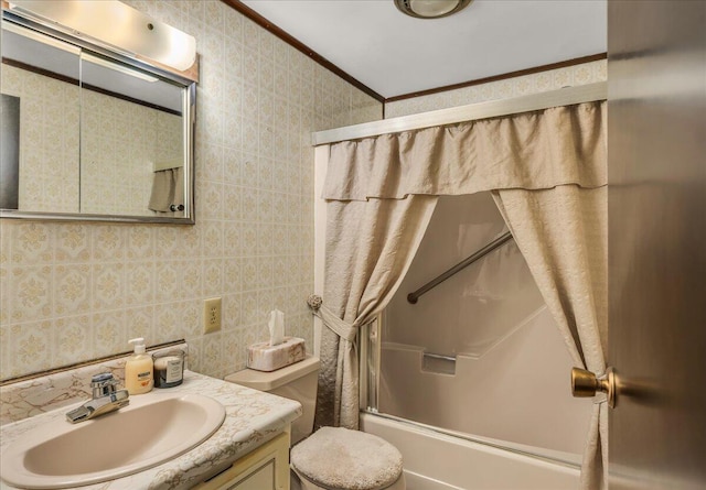1270 Main St, Mount Desert, ME 04660 - bathroom featuring shower / bathtub combination, vanity, tile walls, toilet, and crown molding