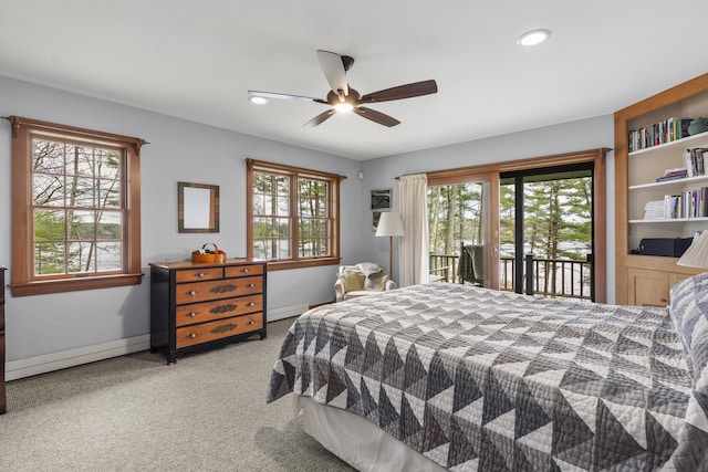 bedroom featuring access to outside, carpet flooring, baseboards, a ceiling fan, and recessed lighting