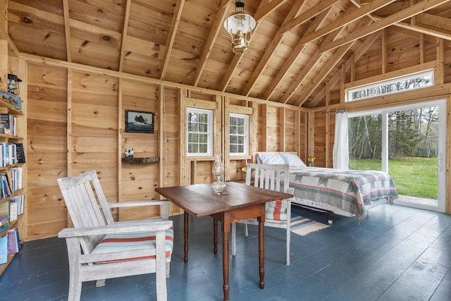 bedroom featuring wood ceiling, wooden walls, access to outside, and high vaulted ceiling