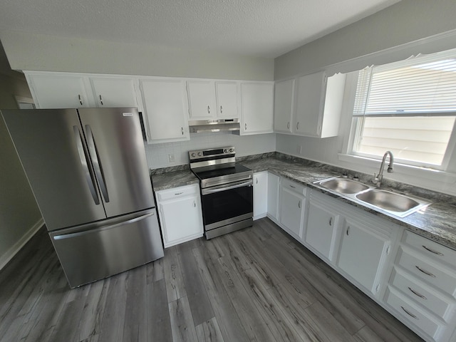 110 Lincoln St, Old Town, ME 04468 - kitchen with appliances with stainless steel finishes, a sink, under cabinet range hood, white cabinets, and dark wood-type flooring