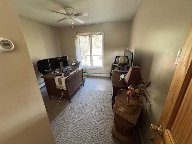 43 Webb River Dr, Dixfield, ME 04224 - carpeted office space with a baseboard heating unit, ceiling fan, a baseboard radiator, and a textured ceiling