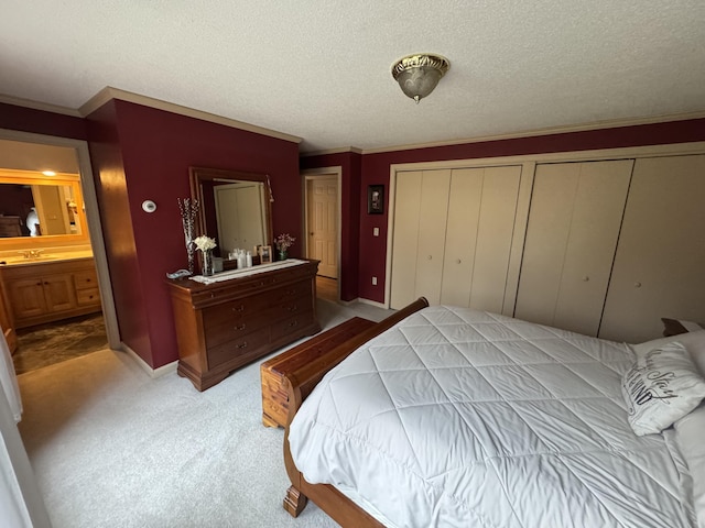 43 Webb River Dr, Dixfield, ME 04224 - bedroom with a sink, multiple closets, light carpet, crown molding, and a textured ceiling