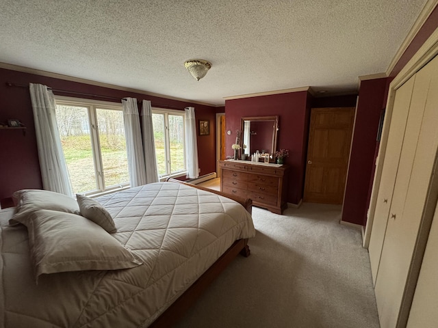 43 Webb River Dr, Dixfield, ME 04224 - bedroom featuring light colored carpet, crown molding, and a textured ceiling