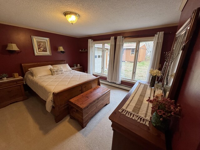 43 Webb River Dr, Dixfield, ME 04224 - bedroom with light carpet, a textured ceiling, baseboard heating, and ornamental molding