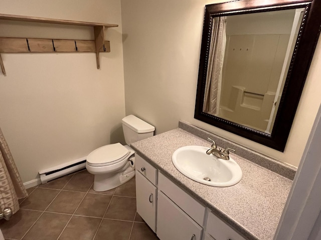 full bathroom with a baseboard heating unit, toilet, vanity, tile patterned floors, and curtained shower