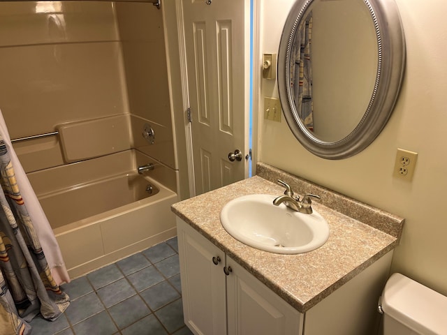 full bathroom with tile patterned floors, toilet, shower / tub combo, and vanity