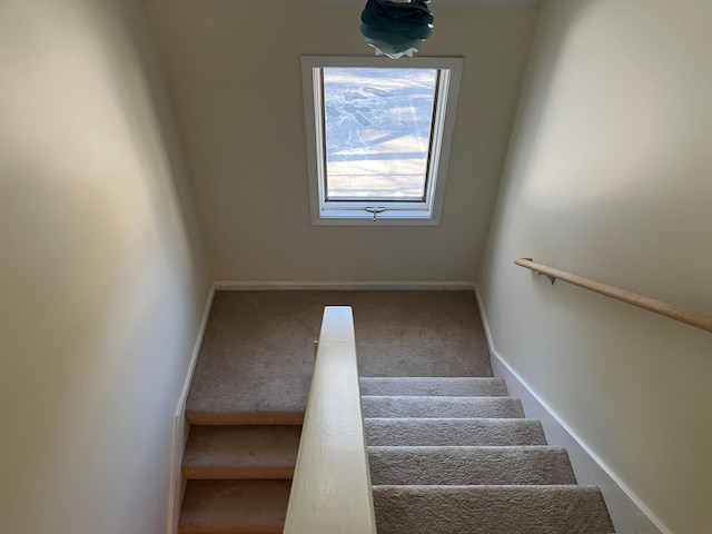 staircase featuring carpet flooring and baseboards