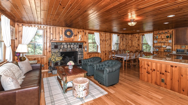 124 Alpine Village Rd, Harrison, ME 04040 - living area featuring plenty of natural light, light wood-type flooring, wood ceiling, wood walls, and a stone fireplace