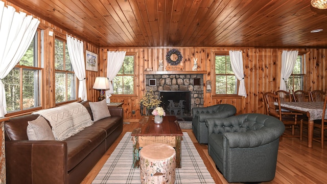 124 Alpine Village Rd, Harrison, ME 04040 - living area featuring healthy amount of natural light, wood finished floors, wooden ceiling, wood walls, and a fireplace