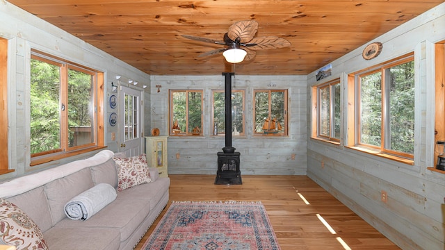124 Alpine Village Rd, Harrison, ME 04040 - sunroom / solarium featuring a wood stove, wood ceiling, and wood finished floors